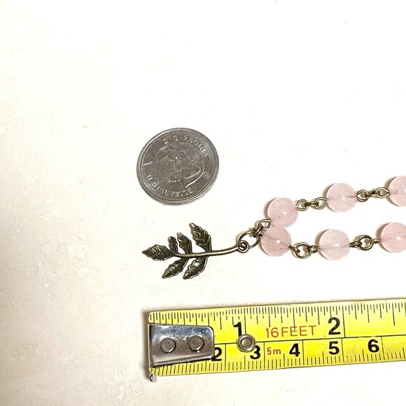 Natural Pink Rose Quartz Necklace, Bronze Leaf Branch + Genuine Gemstone Choker - Picture 12 of 14